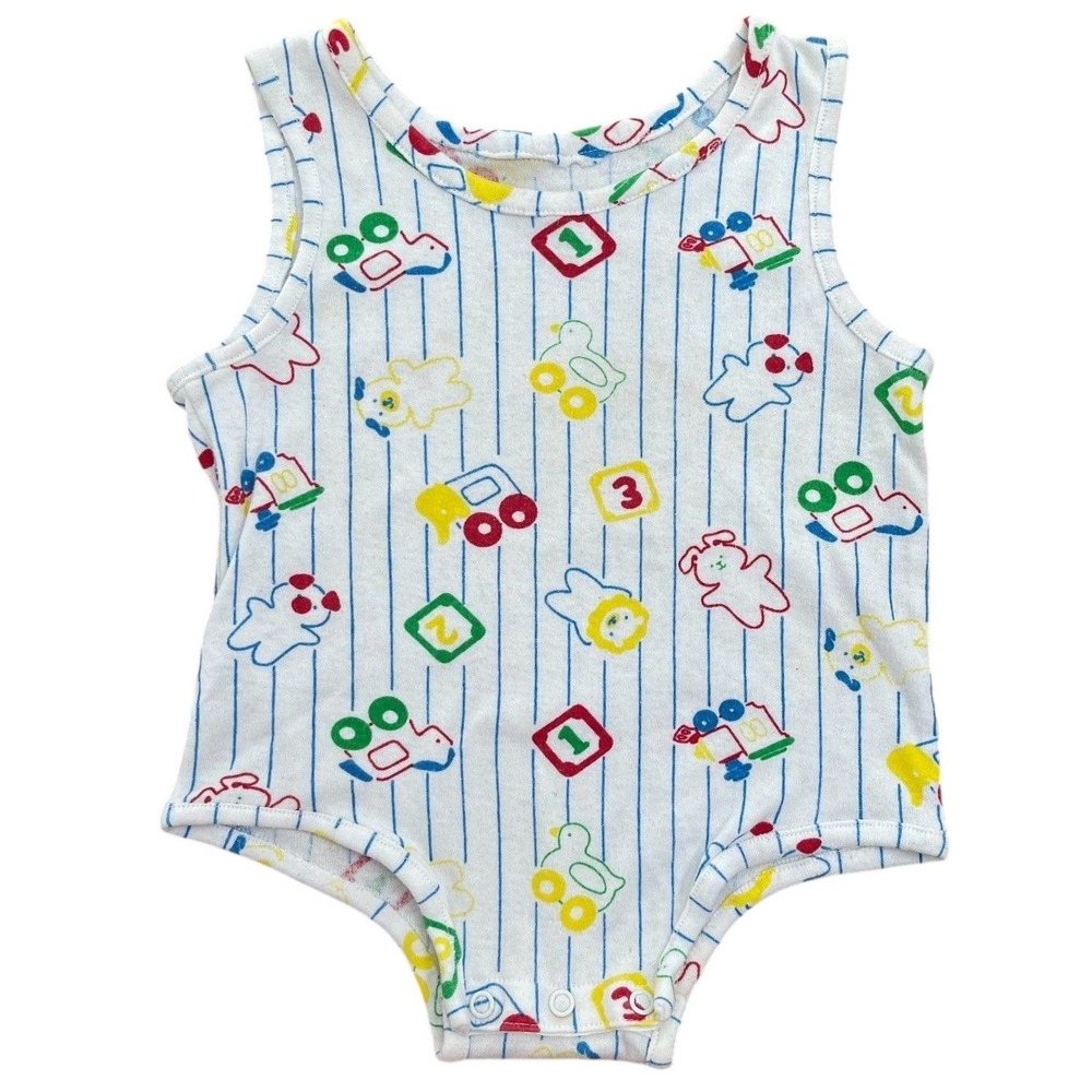 Vintage 90s White Sleeveless Toy Print Snap Romper 12 Months Pinstripe Novelty